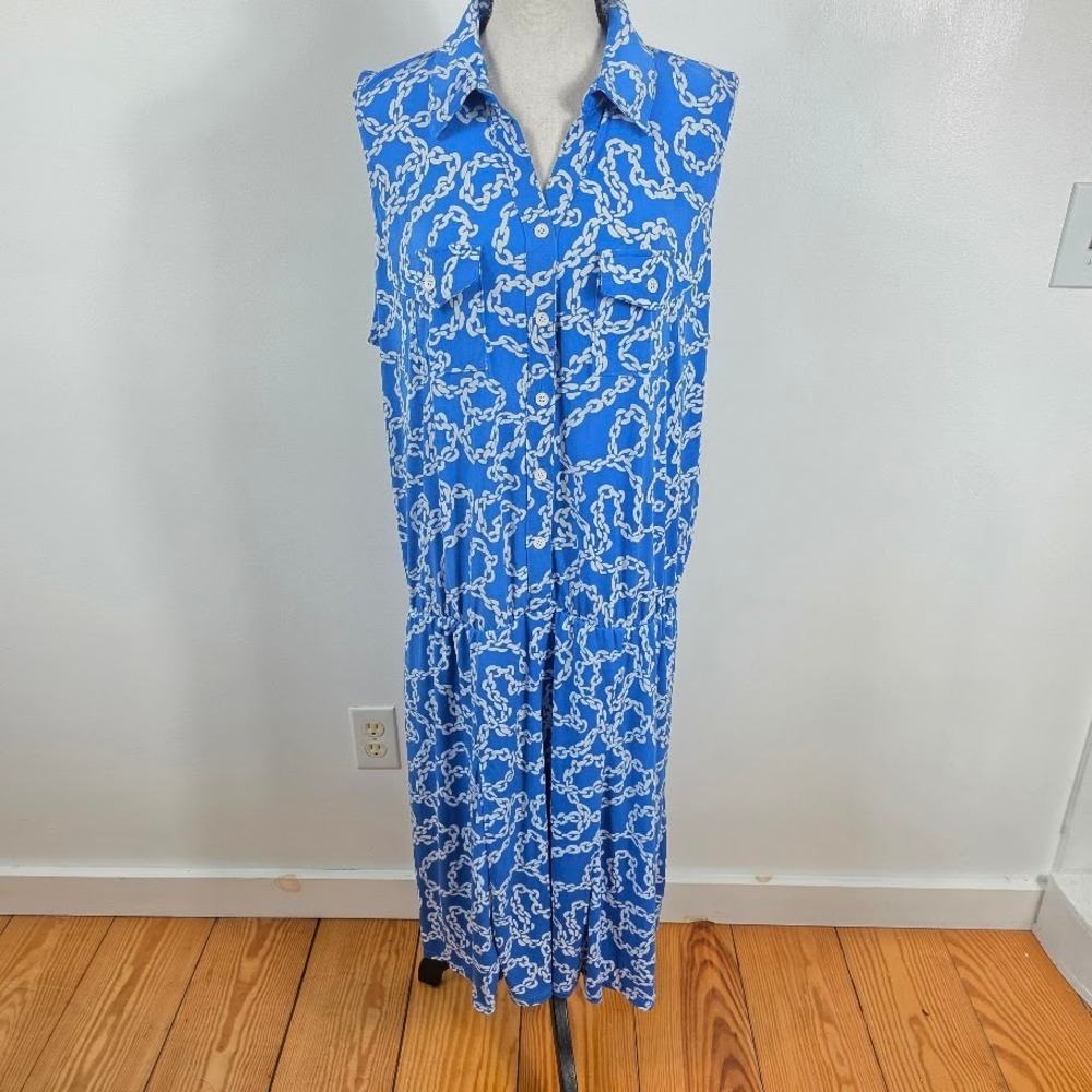 Susan Graver Shirt Dress/Skort Women 1X Blue Chain Link Sleeveless‎ Button Front